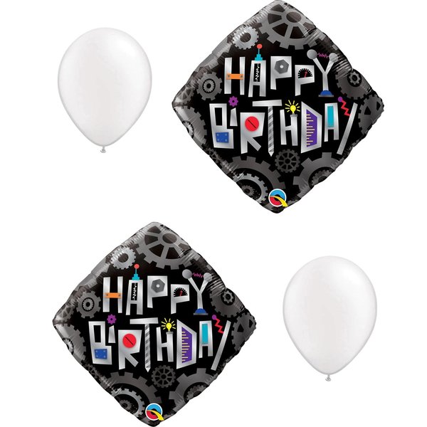 Loonballoon Collections, 18in. Birthday Robot Cogwheels 2 pcs, Pearl Latex LOON-LAB- 16443-Q-P